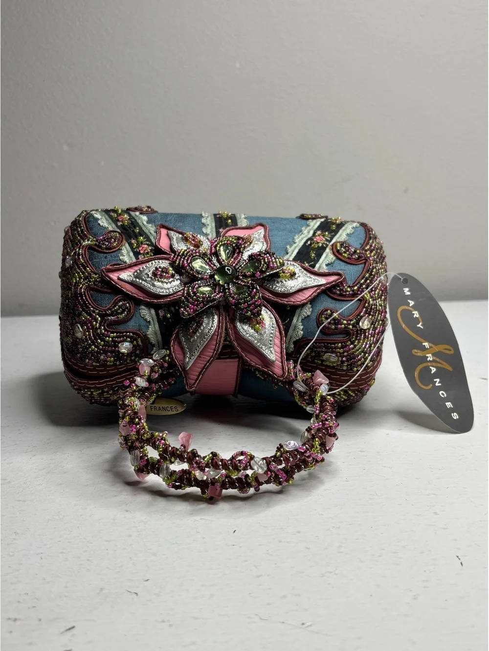 Vintage Rare Retired Mary Frances Beaded 3D Pink & Silver Flower Statement Purse